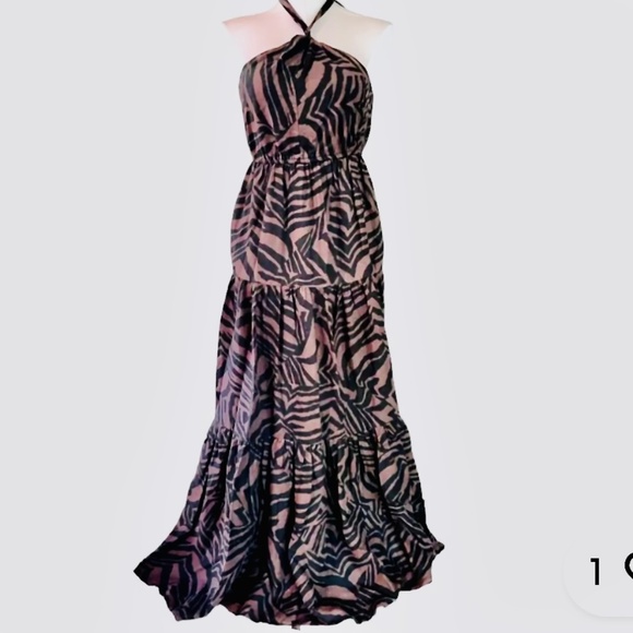 Animal Print Linen Halter Maxi Dress Black Brown - Picture 1 of 13